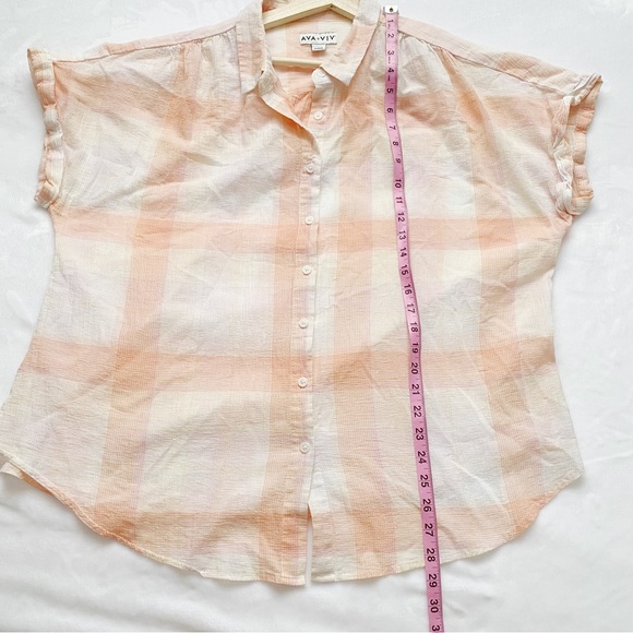 Ava & Vic Pretty Pastel Plaid Lightweight Short Sleeve Button Up Top - Picture 5 of 9